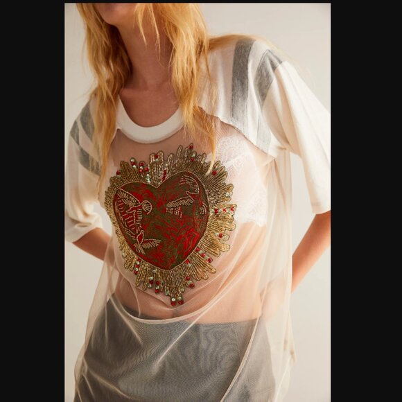 Free People Hearts on Fire Beaded Applique Sheer Top Tunic Boho Heart Bird - Picture 1 of 7
